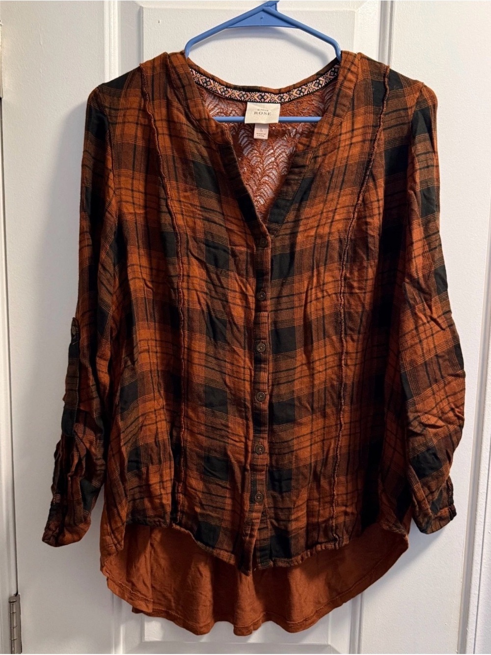Knox Rose Women's Orange Plaid Button-Up Boho Shirt, Large